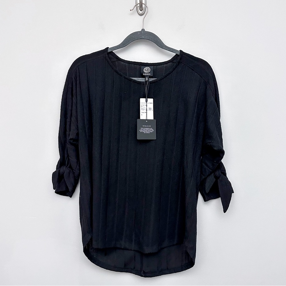 Bobeau Black 3/4 Sleeve Tie Sleeve Top